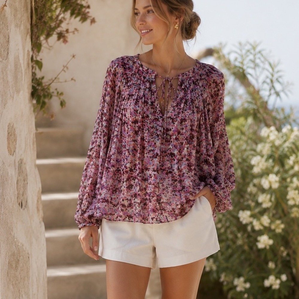 Marant Etoile Daytonea Top Women 38 Pink Floral Pleated Tie Neck Blouse HT0129FA